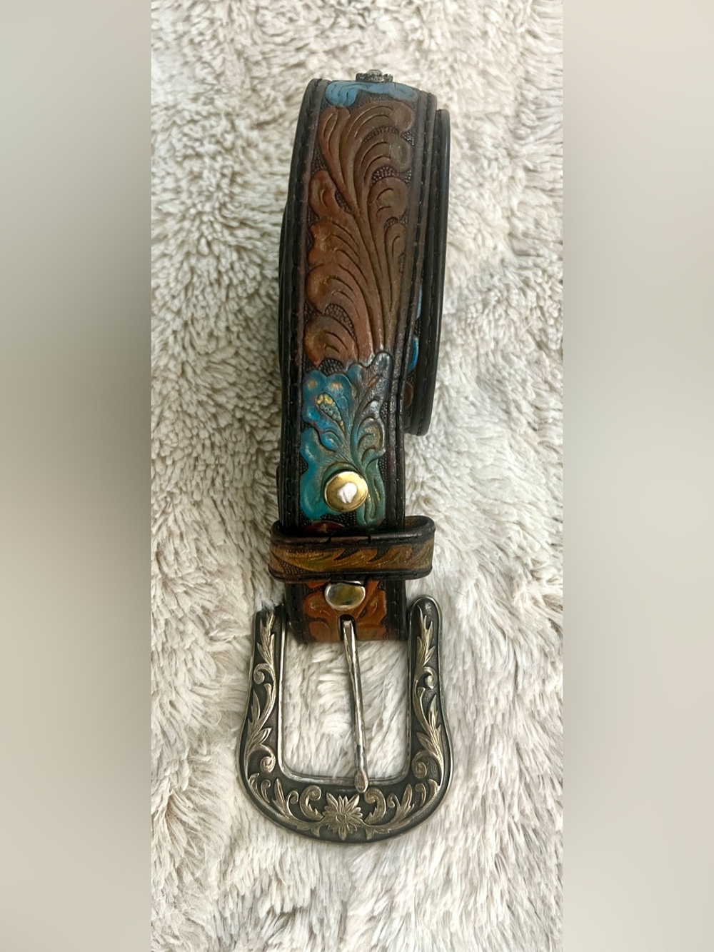 Vintage XCargo Tooled Leather Western Belt with Turquoise Accent & Rhinestones